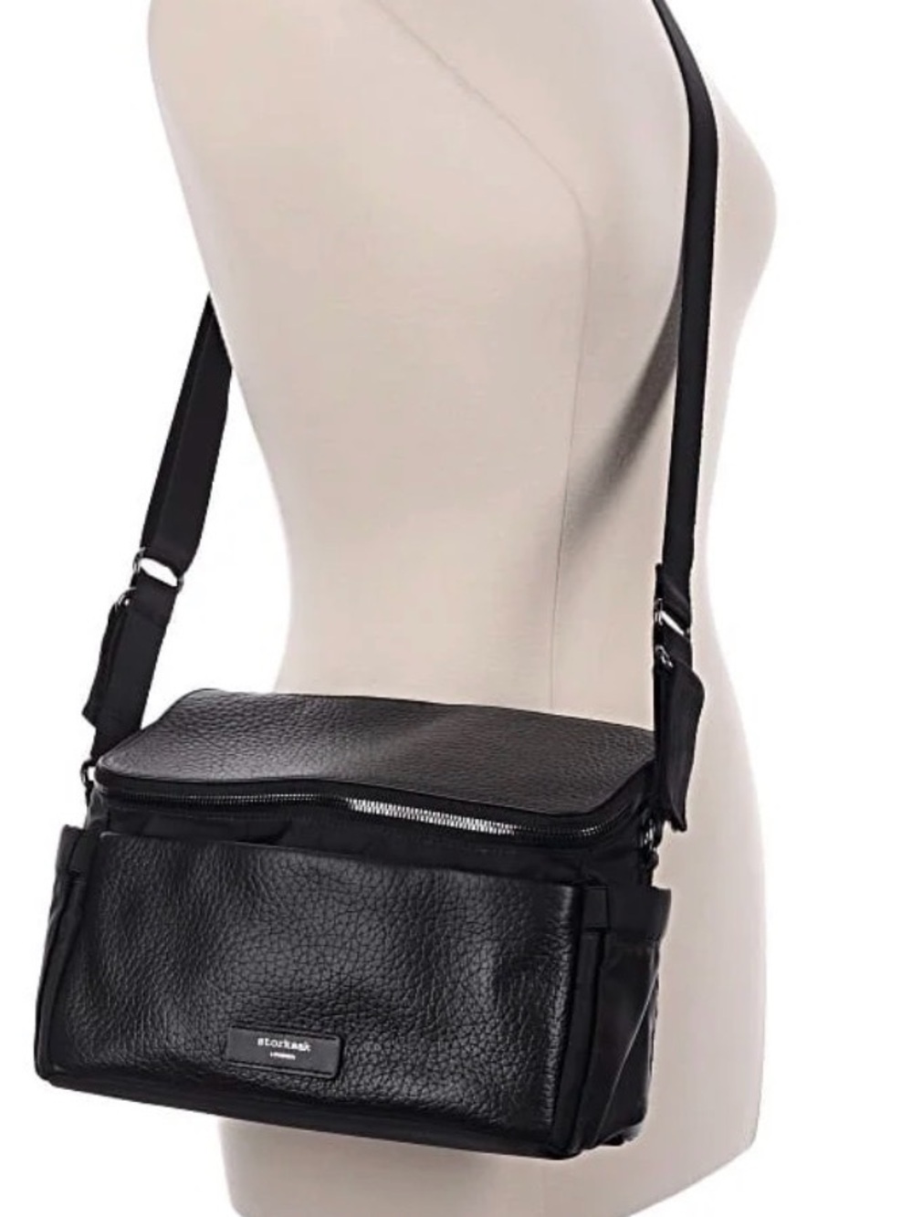 Storksak Black Leather Crossbody with Silver Hardware
